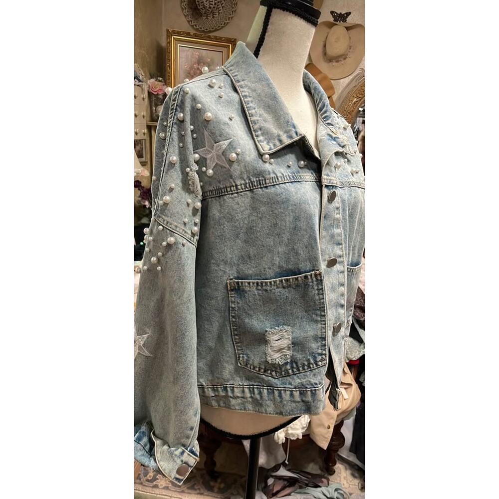 Pearl Embellished Star Embroidered Denim Jacket-size XL - Picture 2 of 6